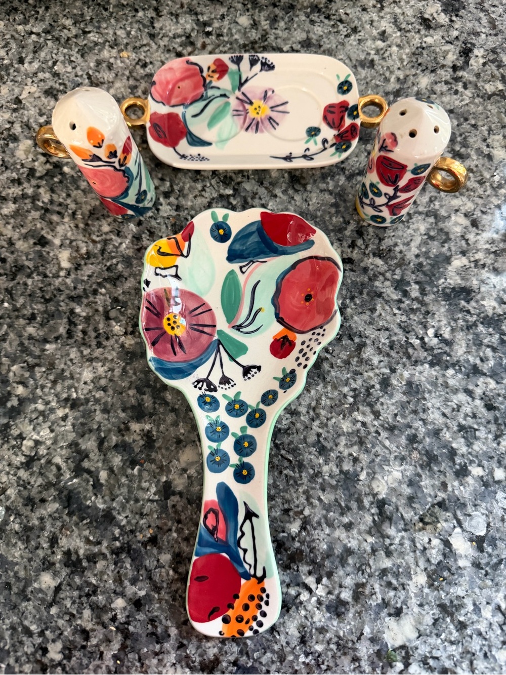 Anthropologie Floral Ceramic Spoon Rest and Salt & Pepper Set - Multicolor - Picture 2 of 3